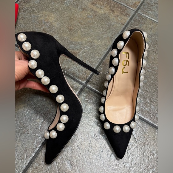 FSJ Shoes - Black Pearl-Embellished Women's Heels US9